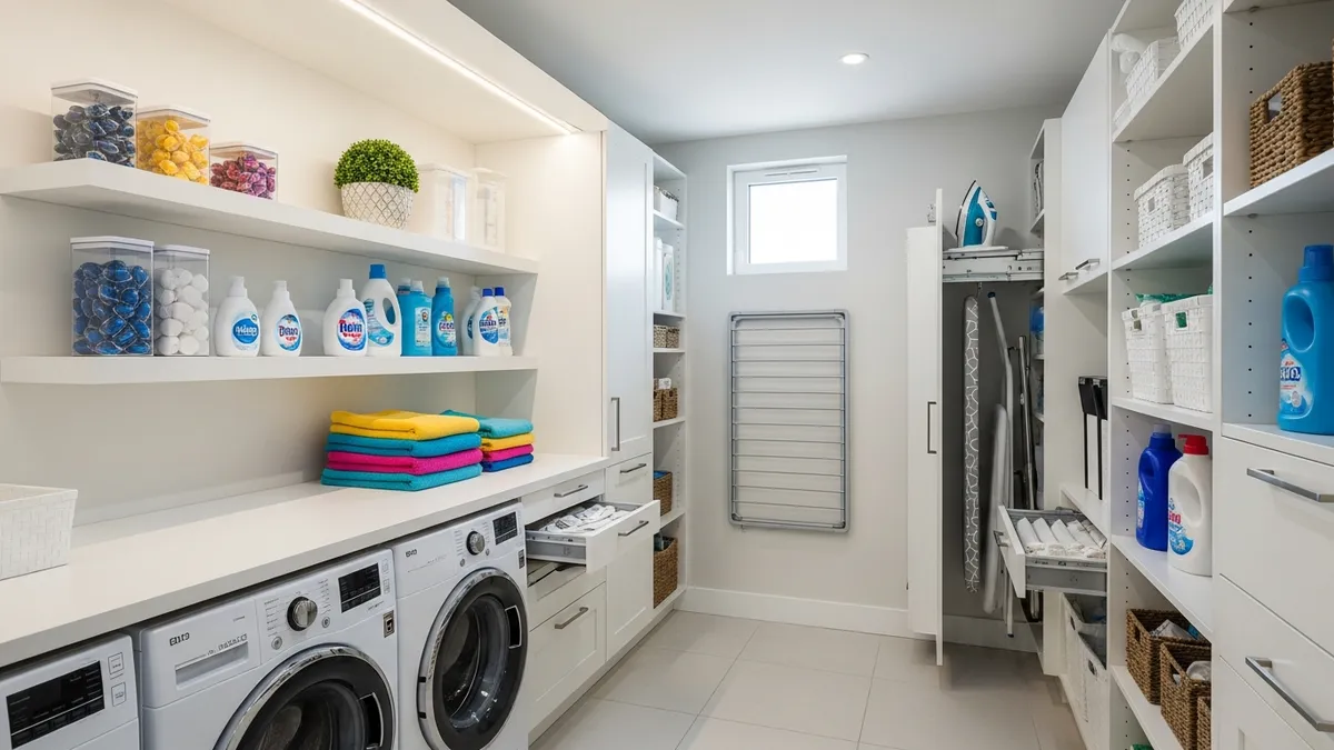 Small laundry room organization ideas featuring compact storage solutions and efficient space utilization