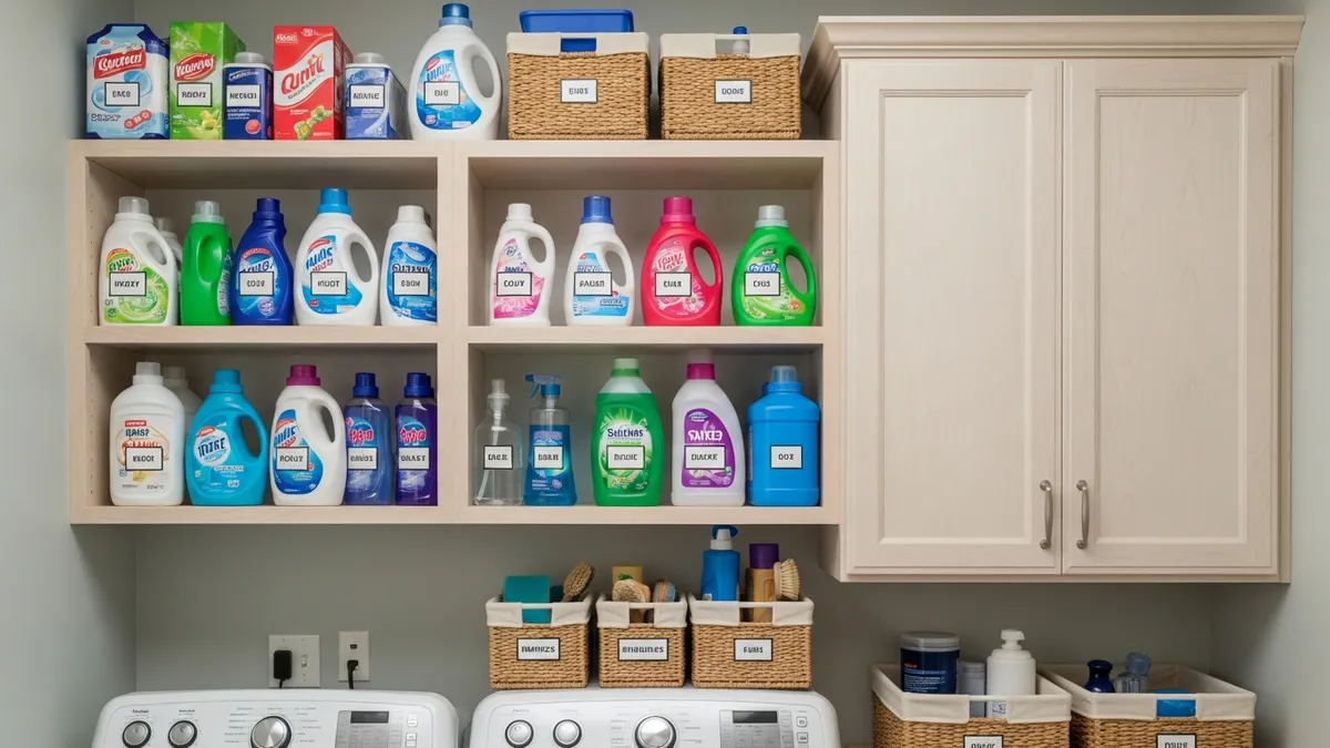 Over washer dryer storage cabinet organization for small laundry room spaces