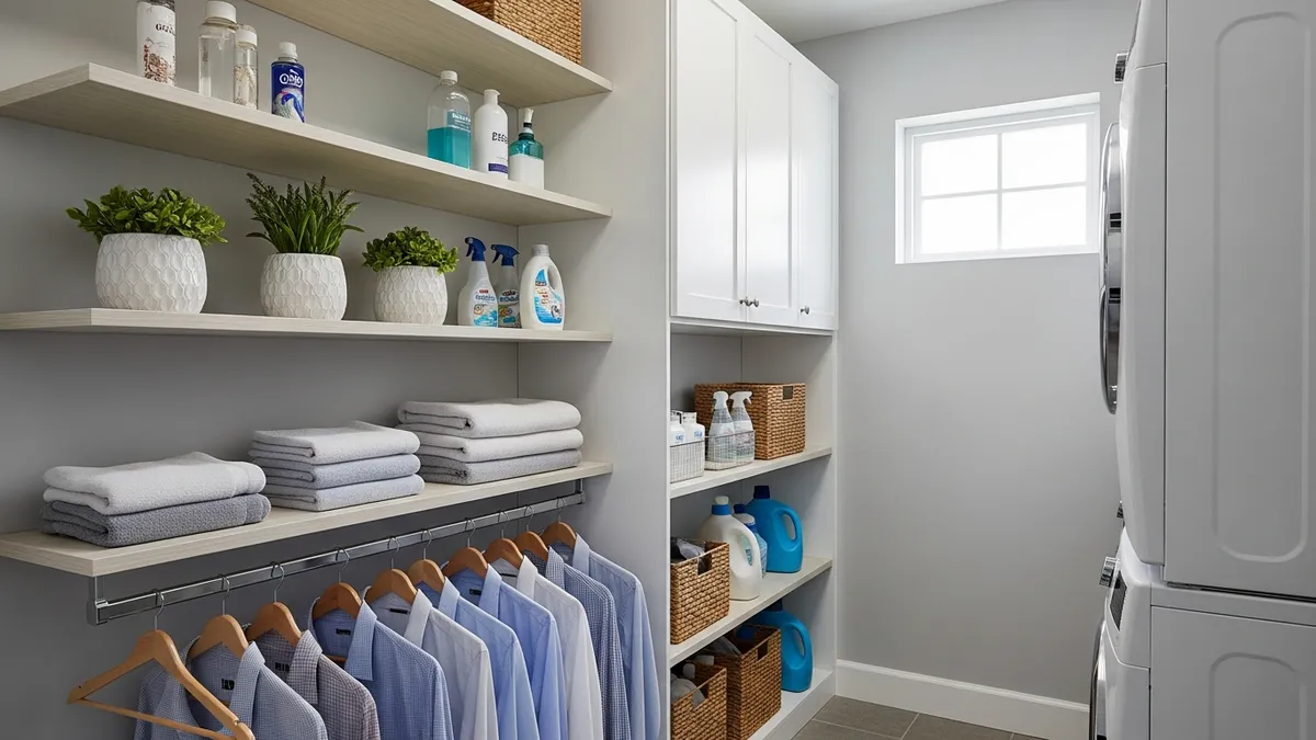 Vertical laundry room storage solutions maximizing wall space in small room