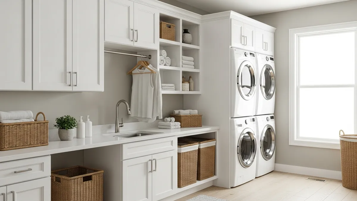 Modern organized laundry room with smart storage solutions and minimalist design