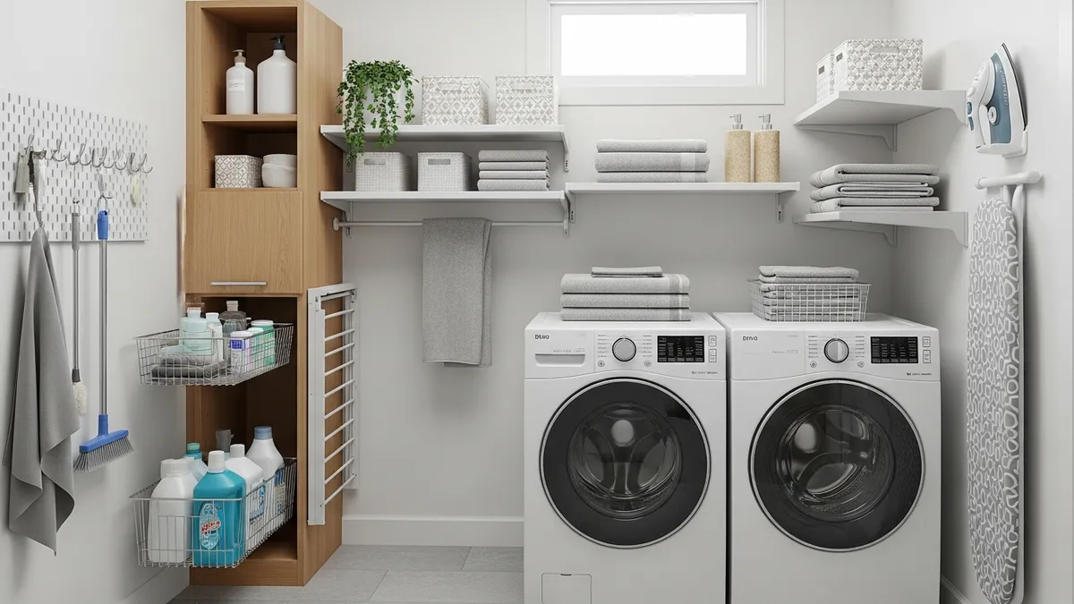 Small laundry room organization ideas with vertical storage and space-saving solutions