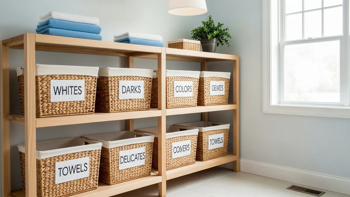 Laundry sorting system with labeled baskets and organized storage