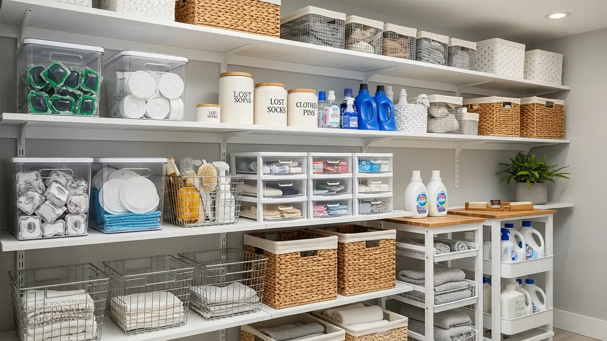 Laundry room storage solutions including baskets, containers, and shelving systems