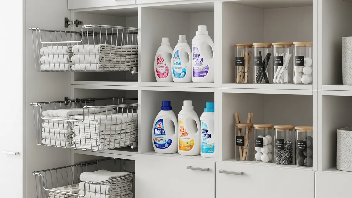 IKEA KALLAX and SEKTION cabinets used for laundry room organization with labeled storage bins