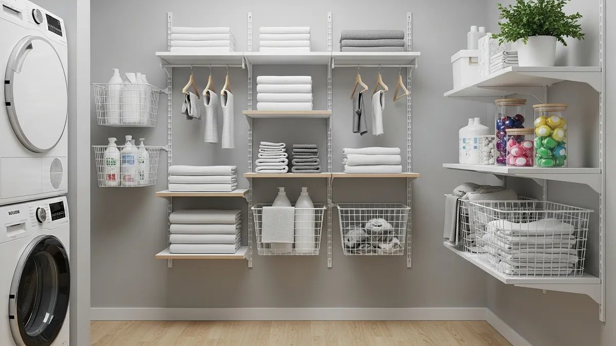 IKEA wall-mounted shelves with wire baskets and glass jars for laundry room organization