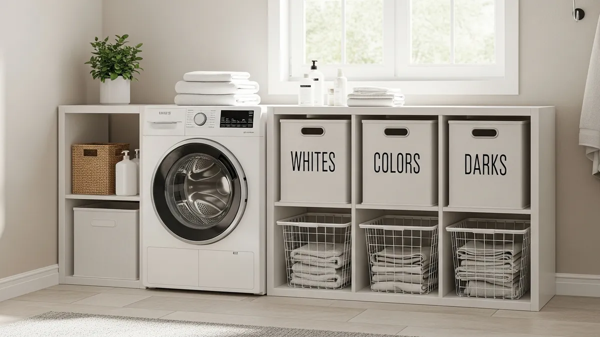 IKEA ALGOT laundry sorting station with labeled fabric bins for whites colors and darks