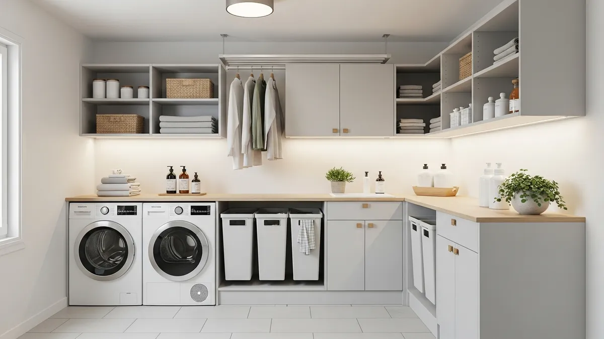 Small laundry room organization with IKEA over-washer shelving and pull-out hampers 2026