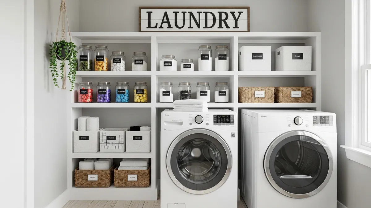 Built-in shelves for laundry room organization between appliances