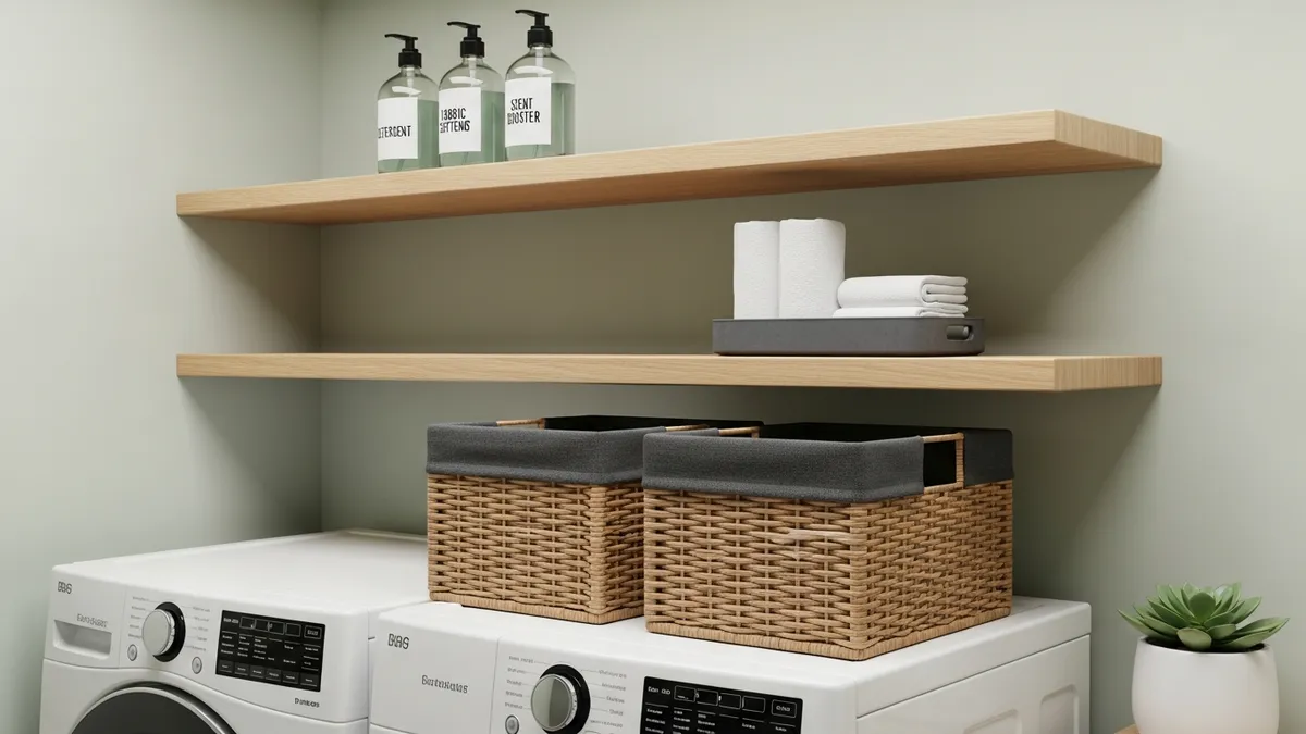 Floating shelves for laundry room organization above washer and dryer
