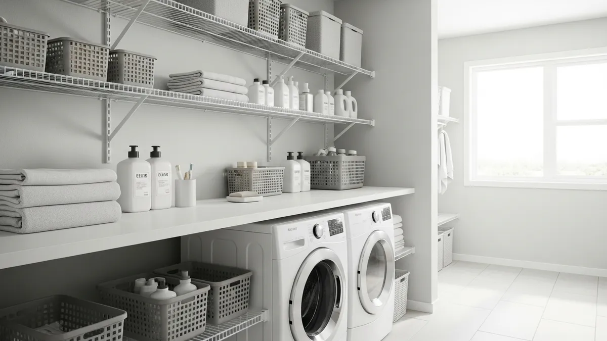 Modern laundry room organization shelves with storage baskets and organized supplies