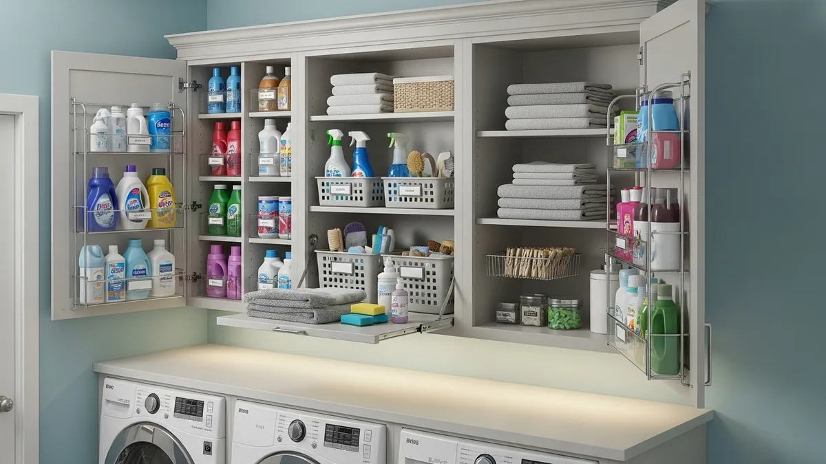 Overhead shelving storage solutions for laundry room organization