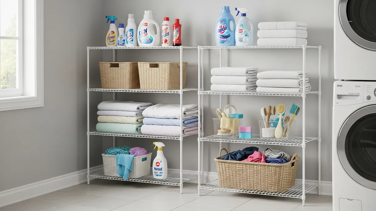 Wire shelving unit for laundry room storage and organization