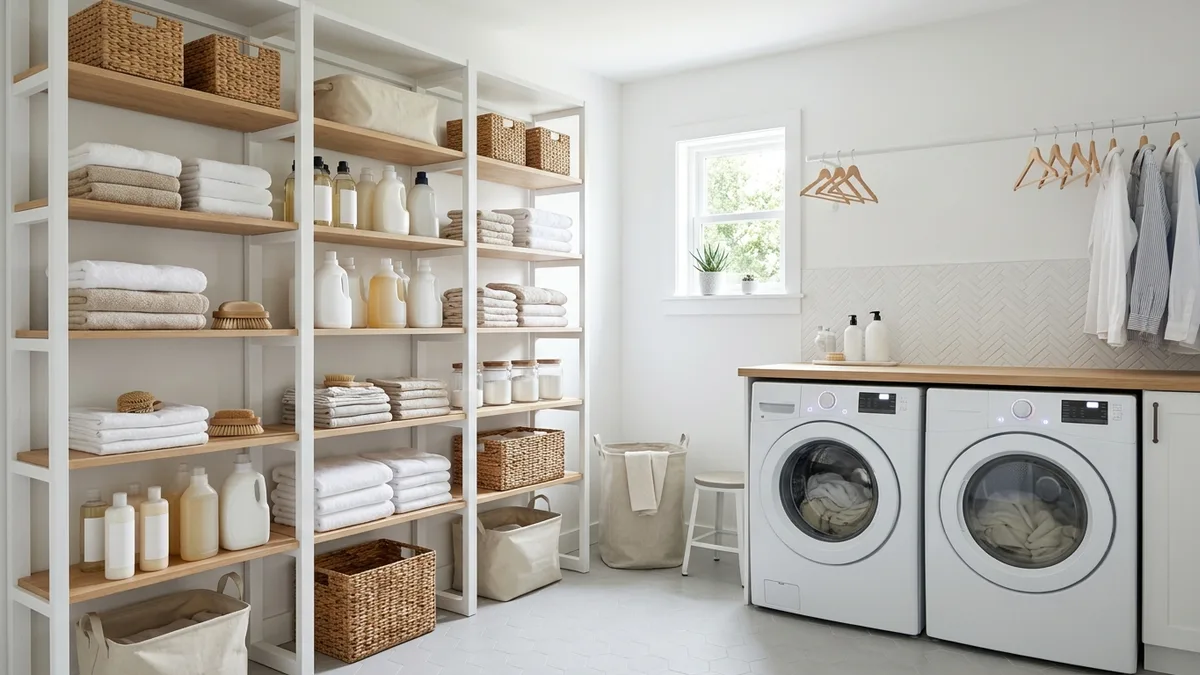 Bright organized laundry room with open white shelving, labeled fabric baskets, and neatly arranged cleaning supplies above a front-load washer and dryer