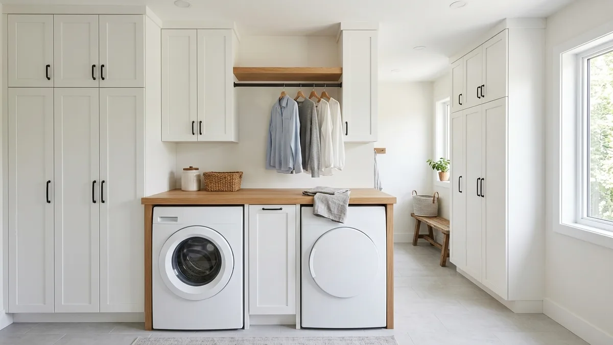 Tall white laundry room cabinets with a folding countertop above the washer and dryer and a small hanging rod for air-drying clothes
