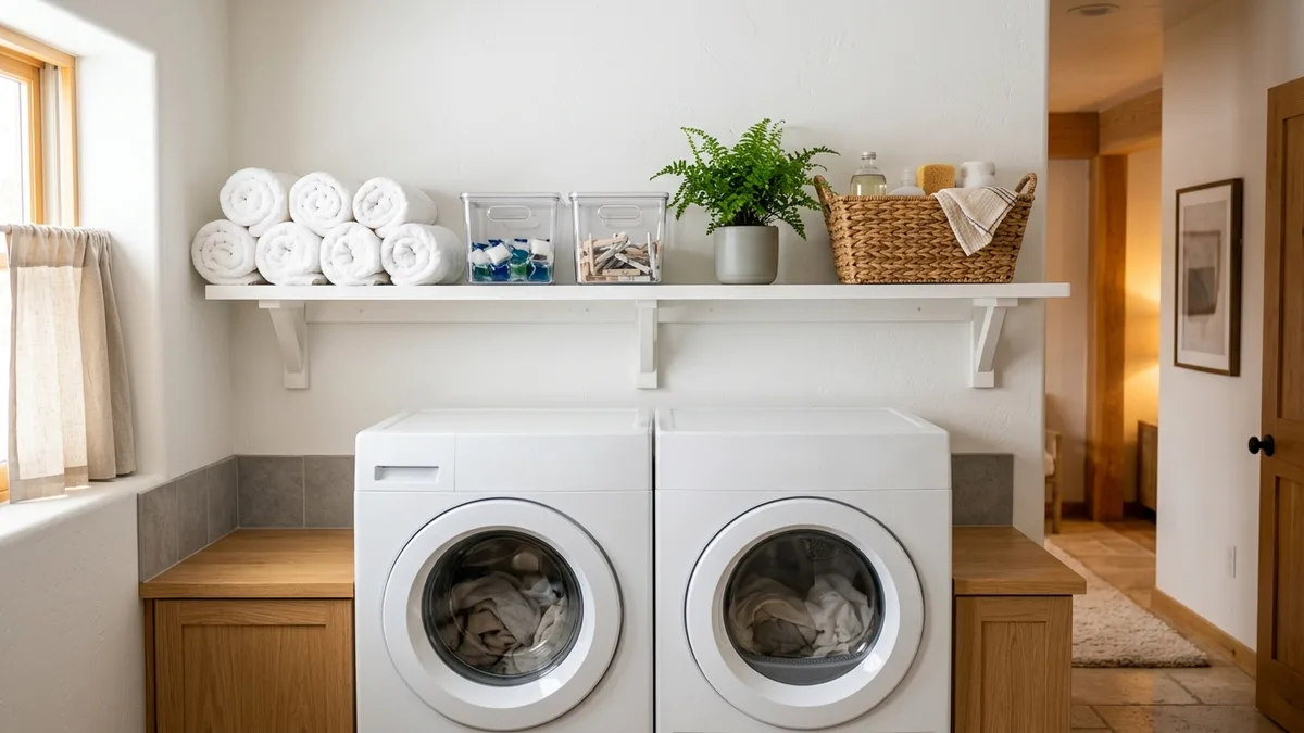 White wall-mounted shelving above a washer and dryer with clear storage bins, rolled towels, and a wicker supply basket