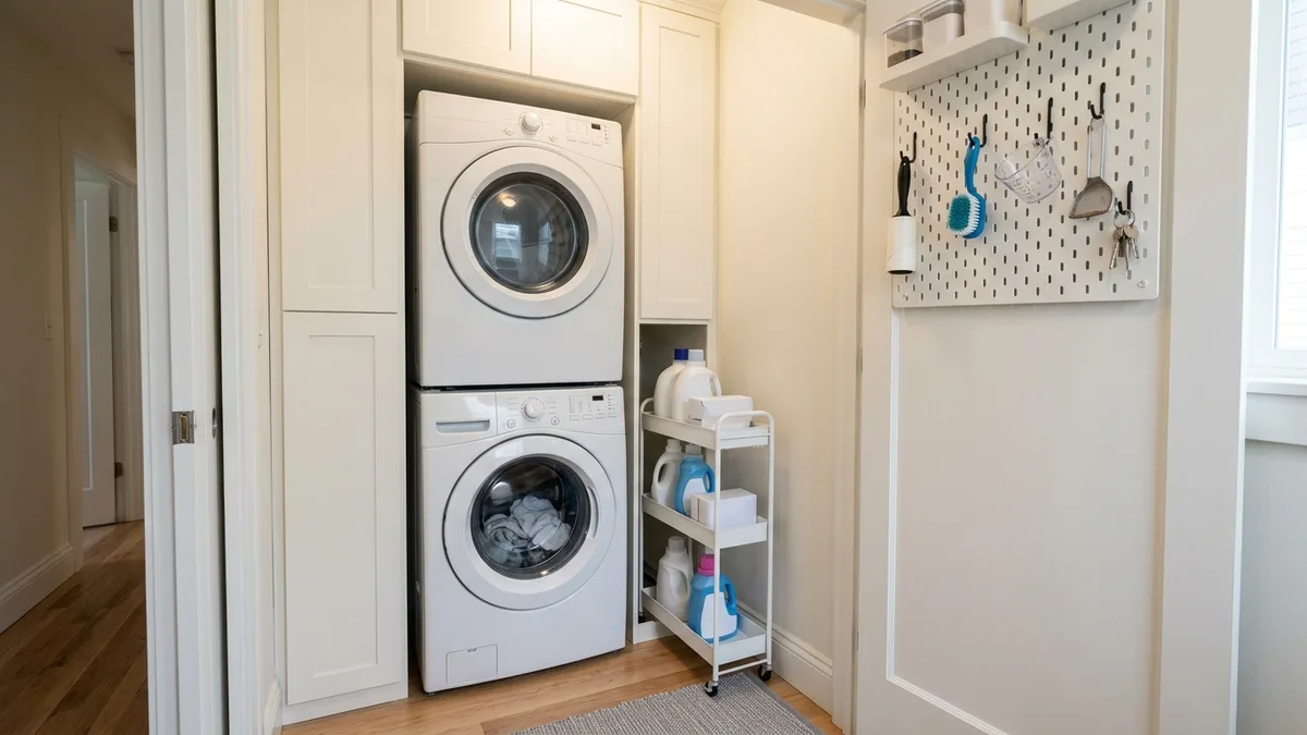 Compact laundry closet with stacked washer dryer, a slim rolling storage cart with cleaning supplies, and a pegboard wall with hooks for laundry tools