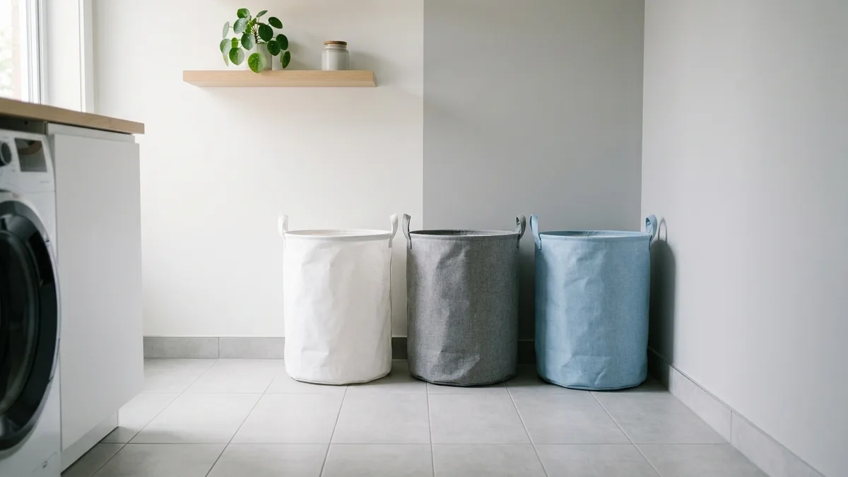 Three fabric laundry sorting bins labeled for lights, darks, and delicates arranged neatly in a laundry room corner