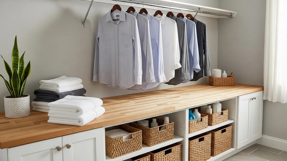 Efficient laundry room folding station with organization systems