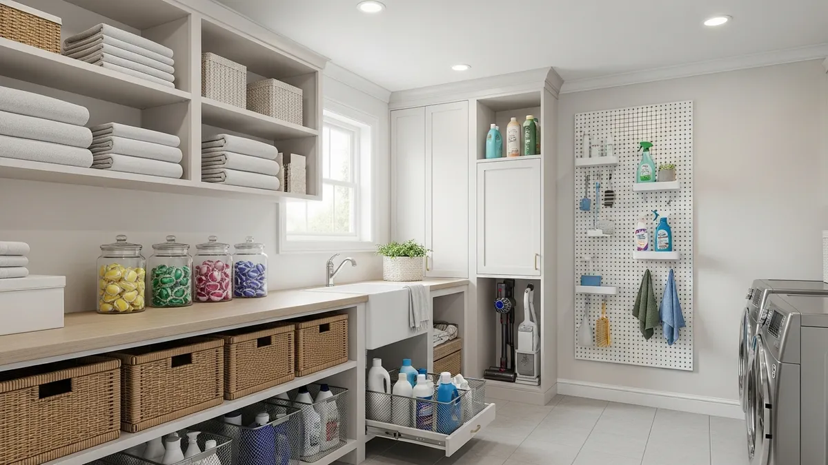 Creative laundry room storage solutions with baskets and shelving systems