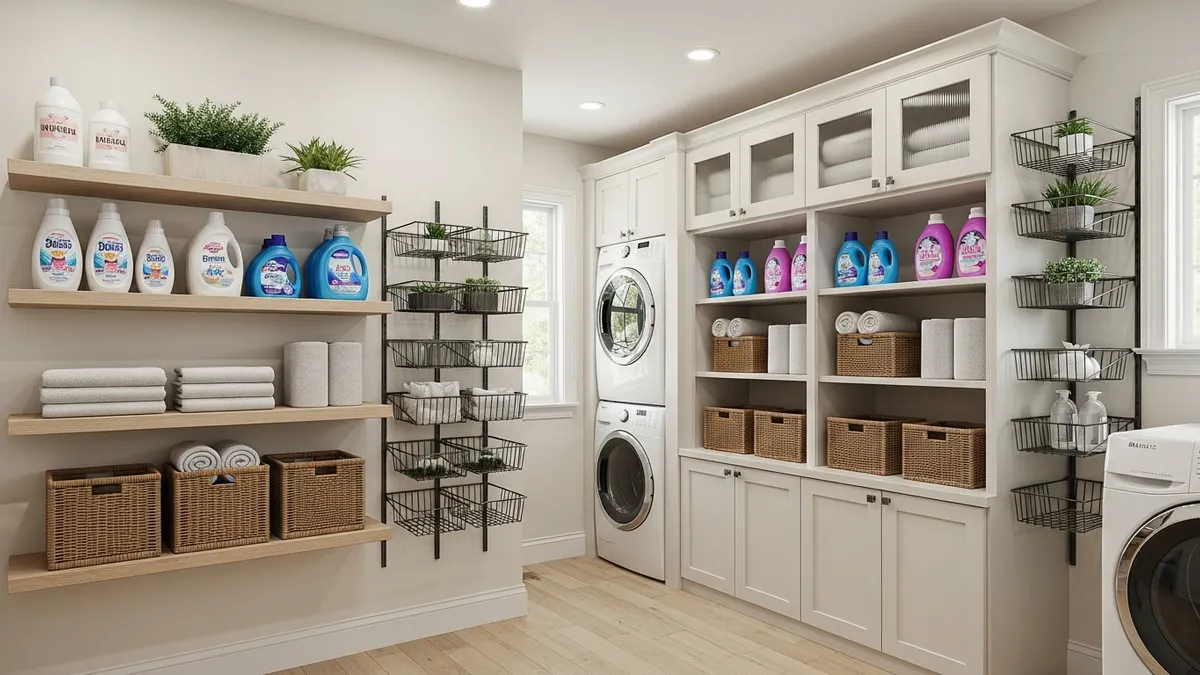 Different types of laundry room shelf organization systems and storage solutions