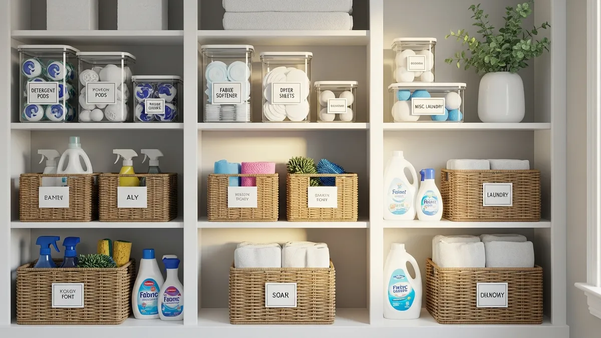 Labeled storage containers and baskets for laundry room shelf organization