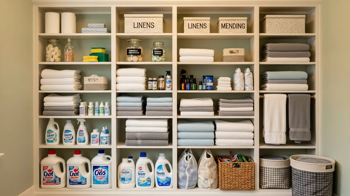 Vertical laundry room shelf organization maximizing wall space storage