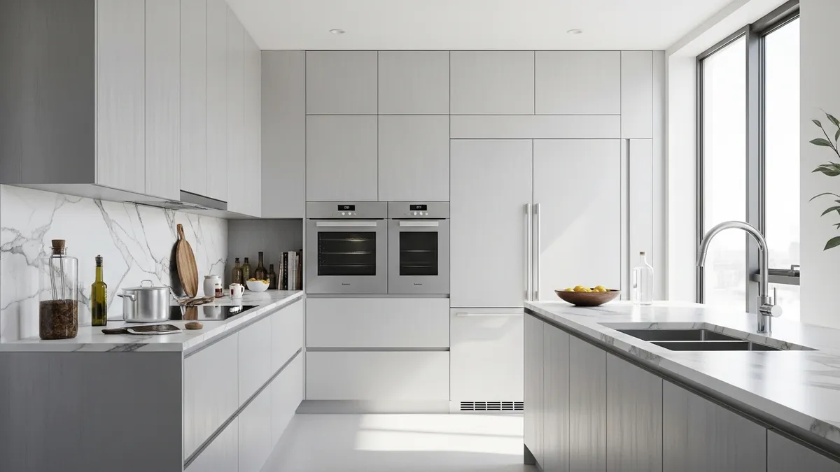 Modern aluminum kitchen cabinets in minimalist white kitchen with stainless steel appliances