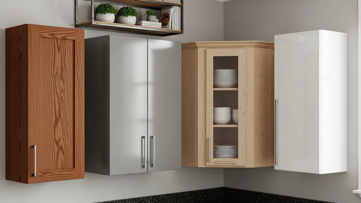 Various types of wall-mounted kitchen cabinets including single, double, and corner designs