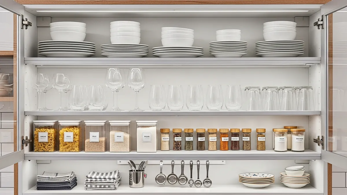 Organized interior of wall-mounted kitchen cabinet showing efficient storage solutions