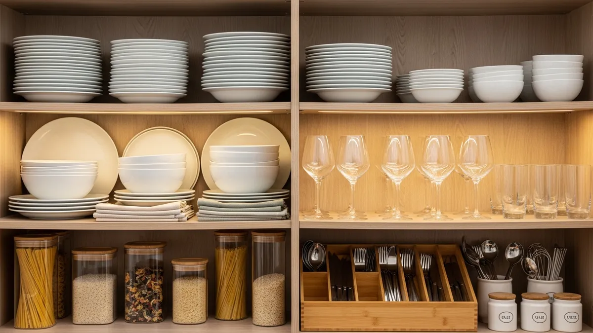 Organized dining room cabinet interior with dishes and storage solutions