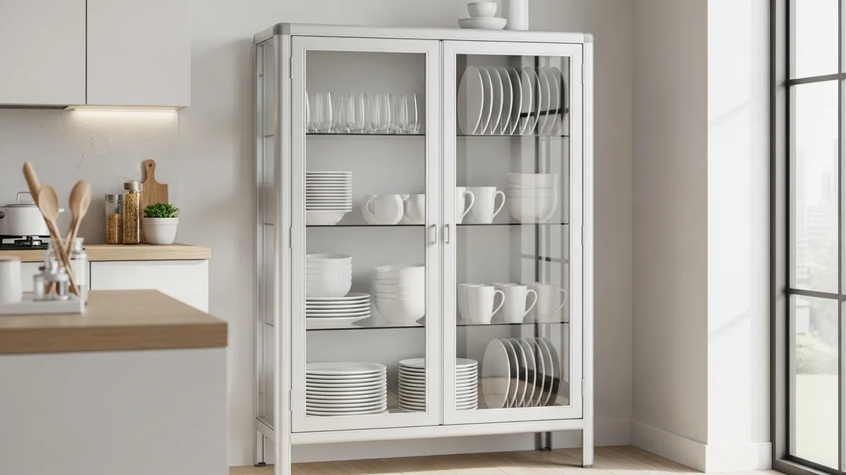 Modern aluminum dish cabinet with glass doors in contemporary kitchen