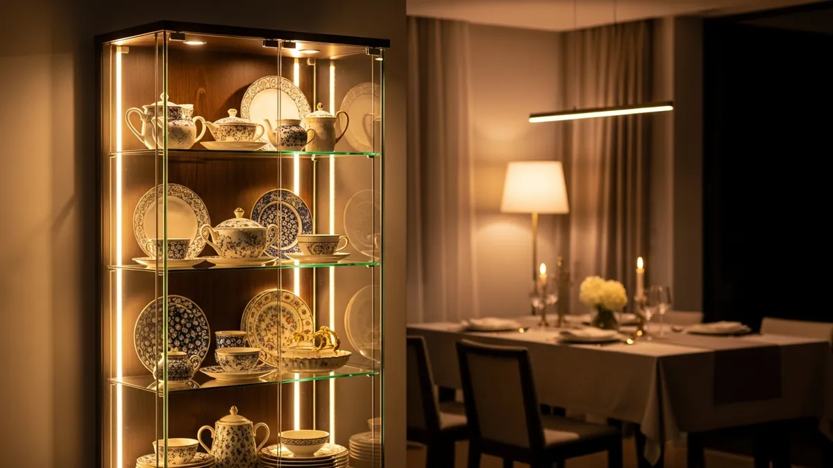 LED lighting setup in glass display cabinet highlighting dish collection