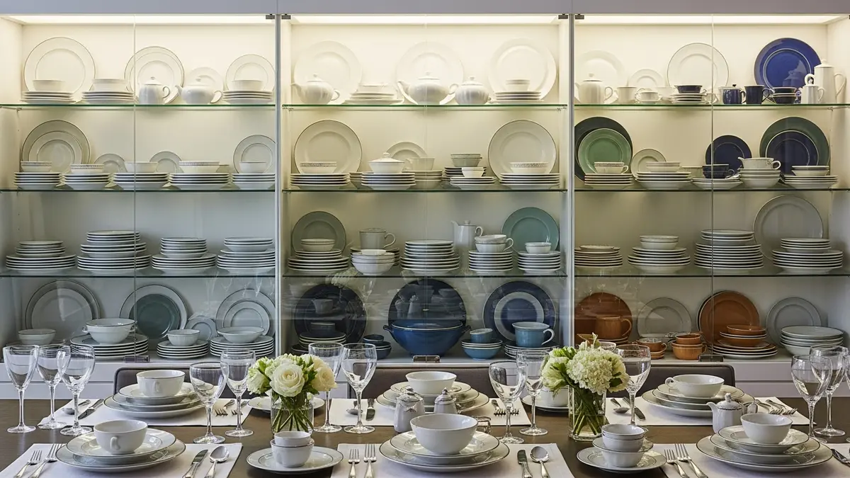 Organized glass display cabinet showing proper dish arrangement and styling