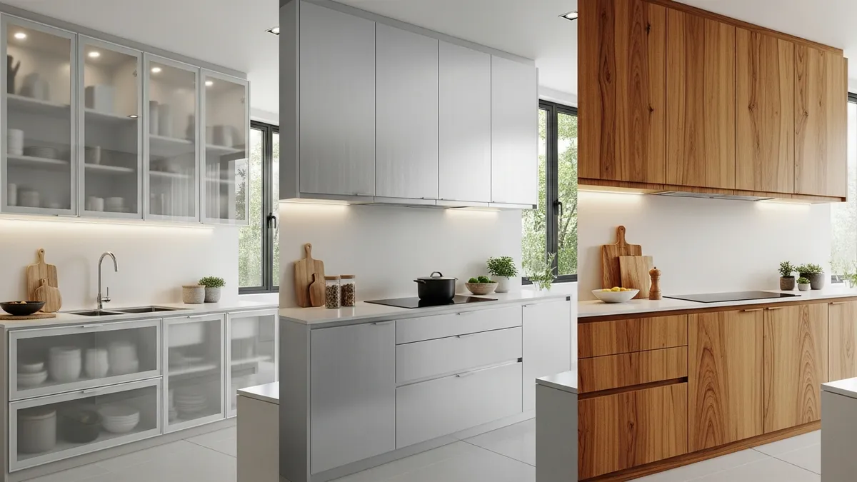 Comparison of glass, aluminum, and wood dish cabinet materials for modern kitchens