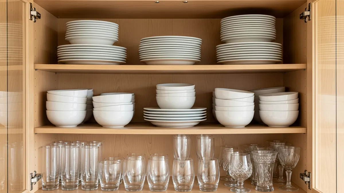 Interior of organized dish cabinet with neatly arranged plates, bowls, and glasses