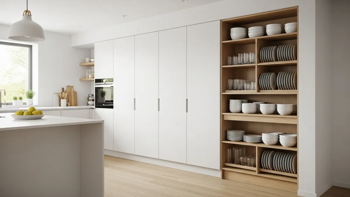 Modern dish cabinet rack with combined storage and open shelving in minimalist kitchen