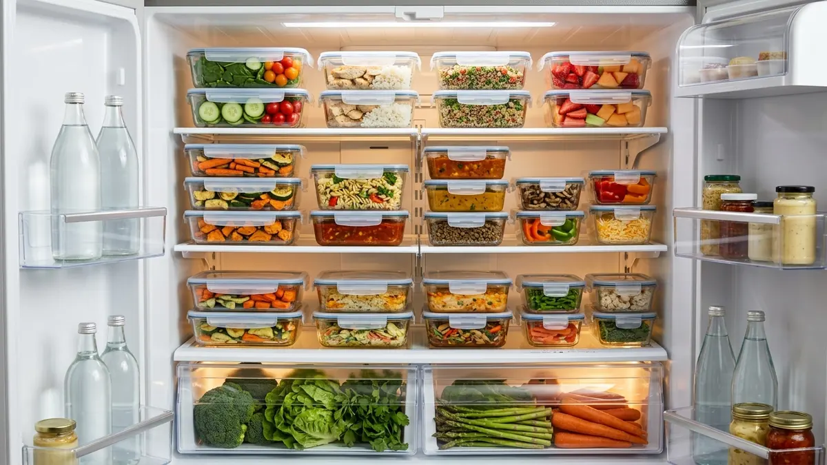 Inside view of an organized refrigerator with stacked rectangular lidded food storage containers holding meal prep and leftovers