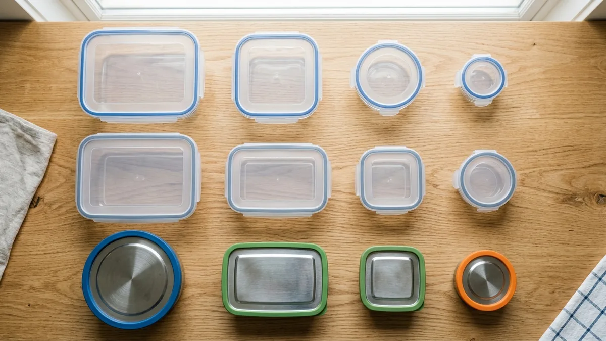 Flat lay of glass, plastic, and stainless steel lidded food storage containers with secure locking lids on a wooden surface