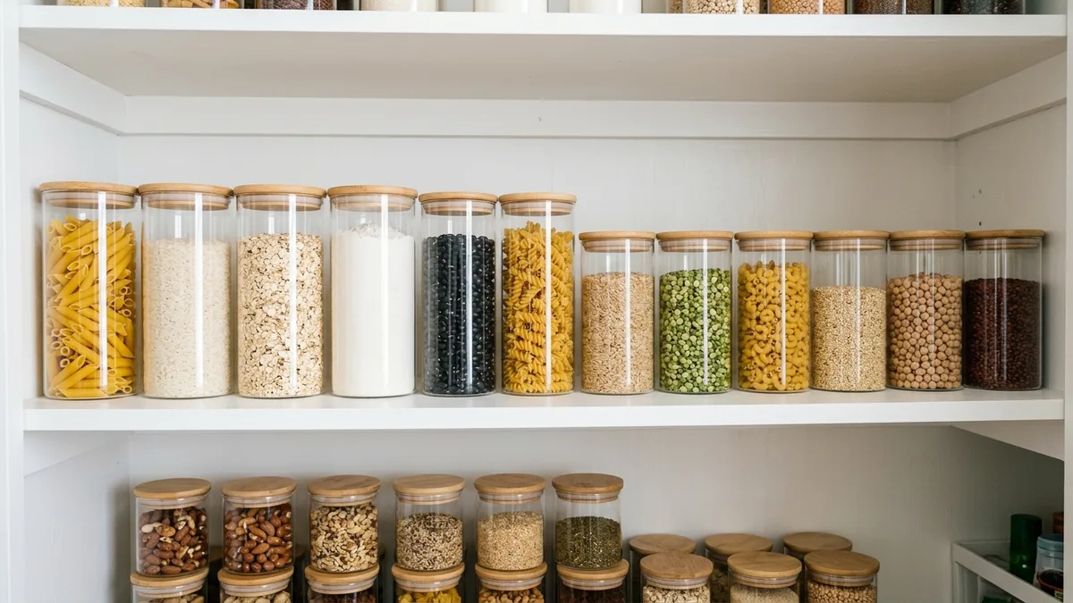 Organized pantry shelf with clear lidded food storage containers filled with dry goods including pasta rice and oats