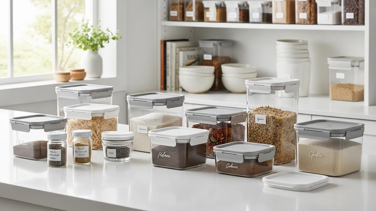 Collection of lidded food storage containers organized on modern kitchen counter