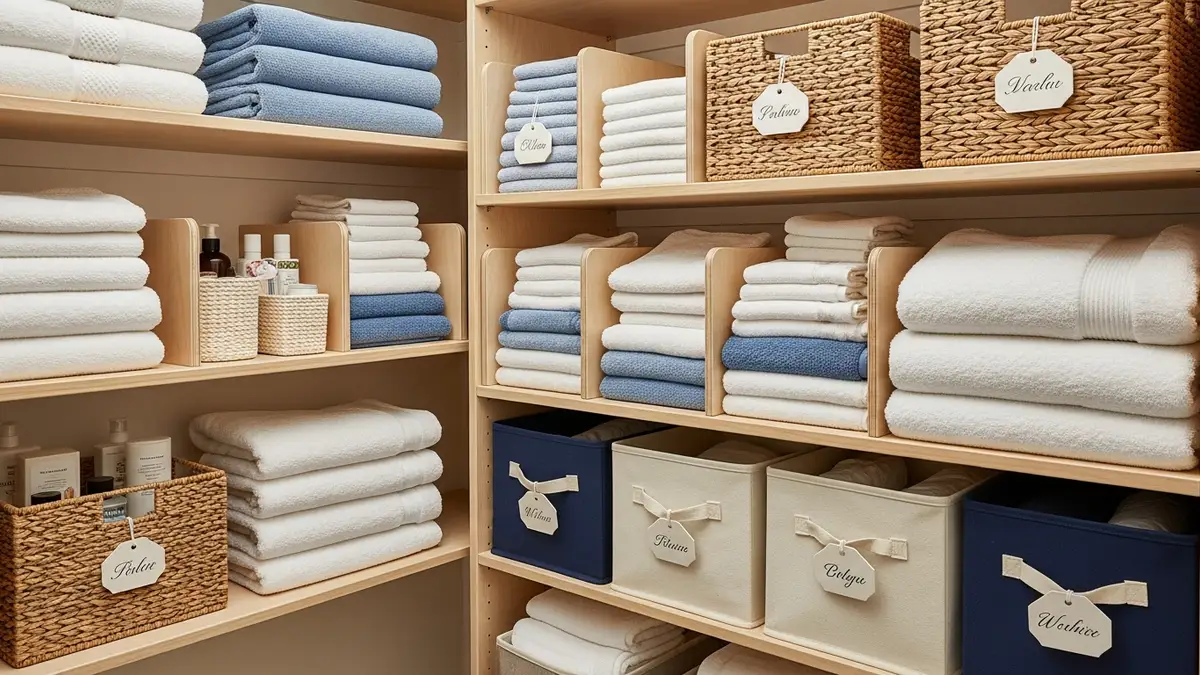Shelf dividers organizing different types of linens and towels in closet
