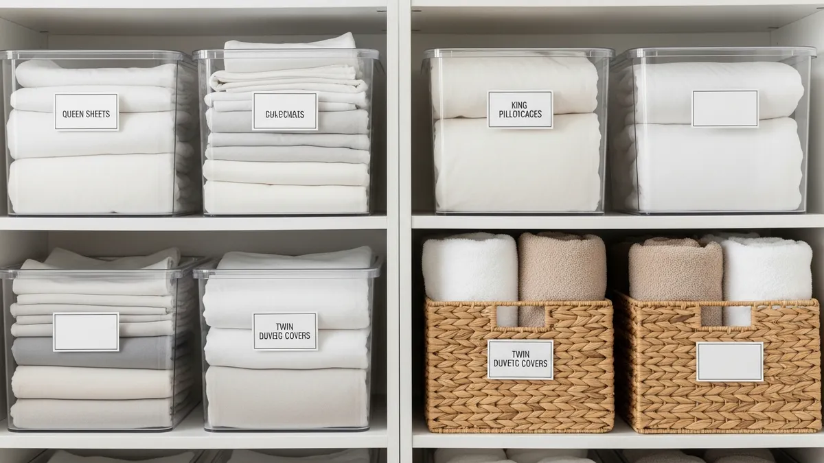 Clear storage containers with labels organizing bed linens and towels