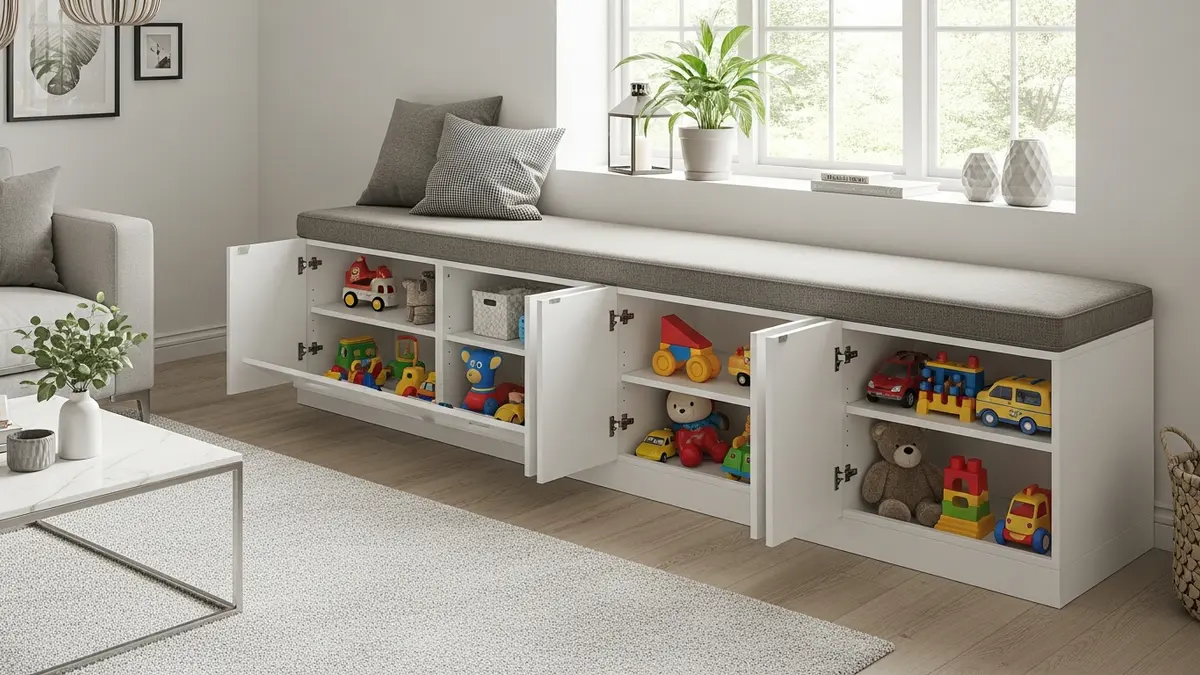 Built-in storage bench with hidden toy compartments in living room
