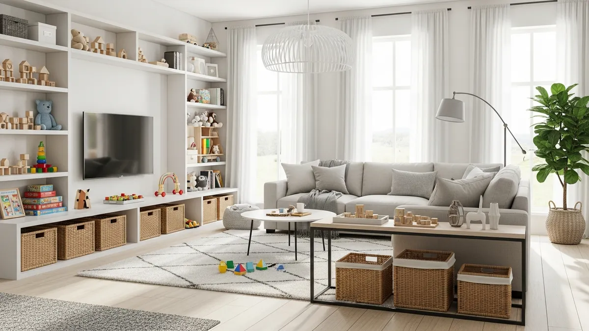 Modern living room with creative toy storage solutions and organized family space