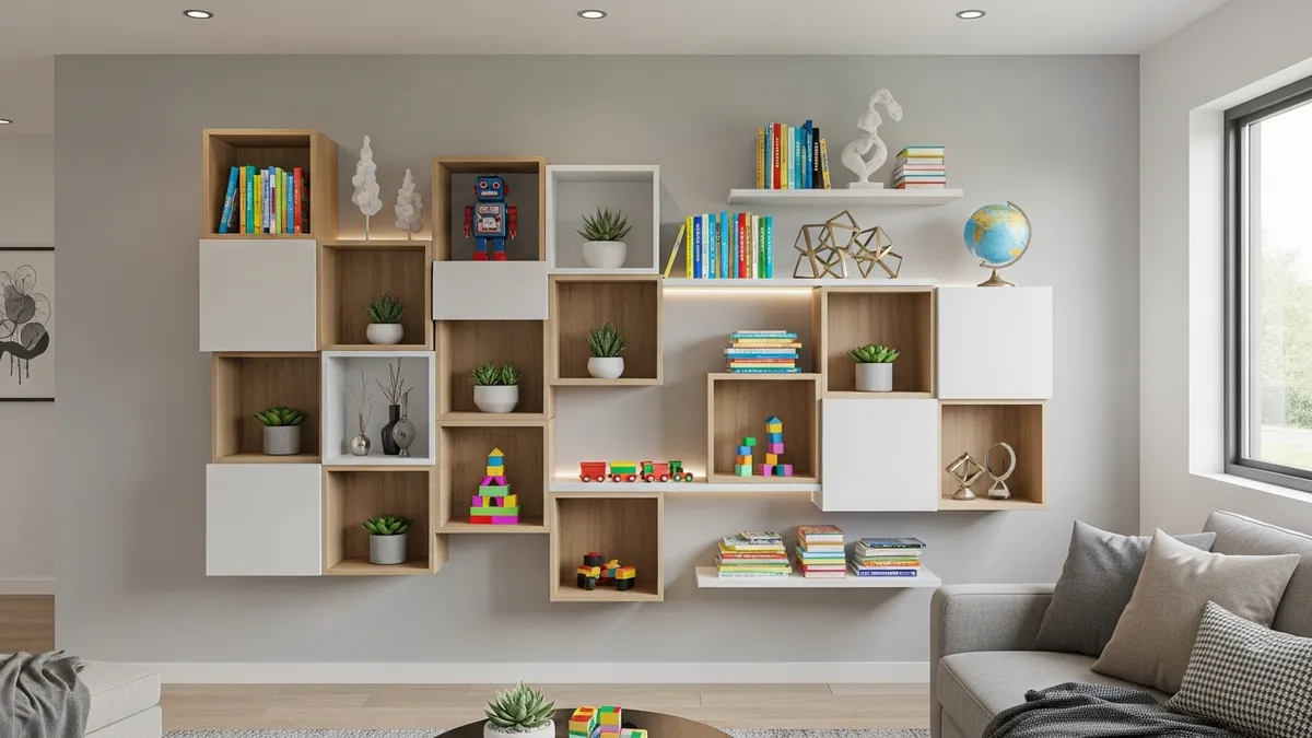 Wall-mounted storage solutions for toys in modern living room