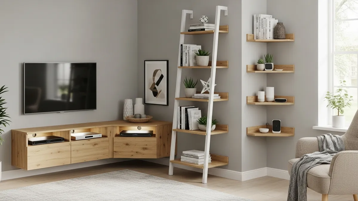 Corner storage solutions for living room including shelves and entertainment units