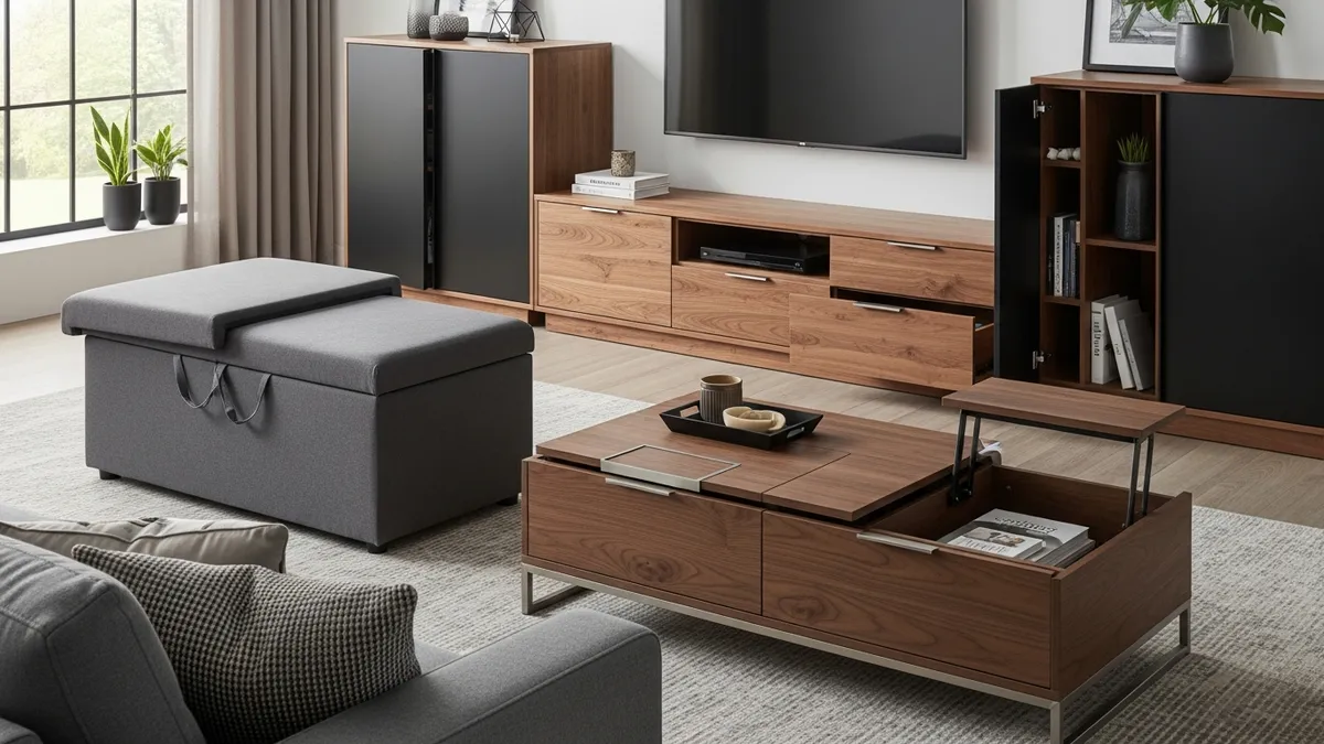 Hidden living room storage ideas with storage ottoman and coffee table compartments