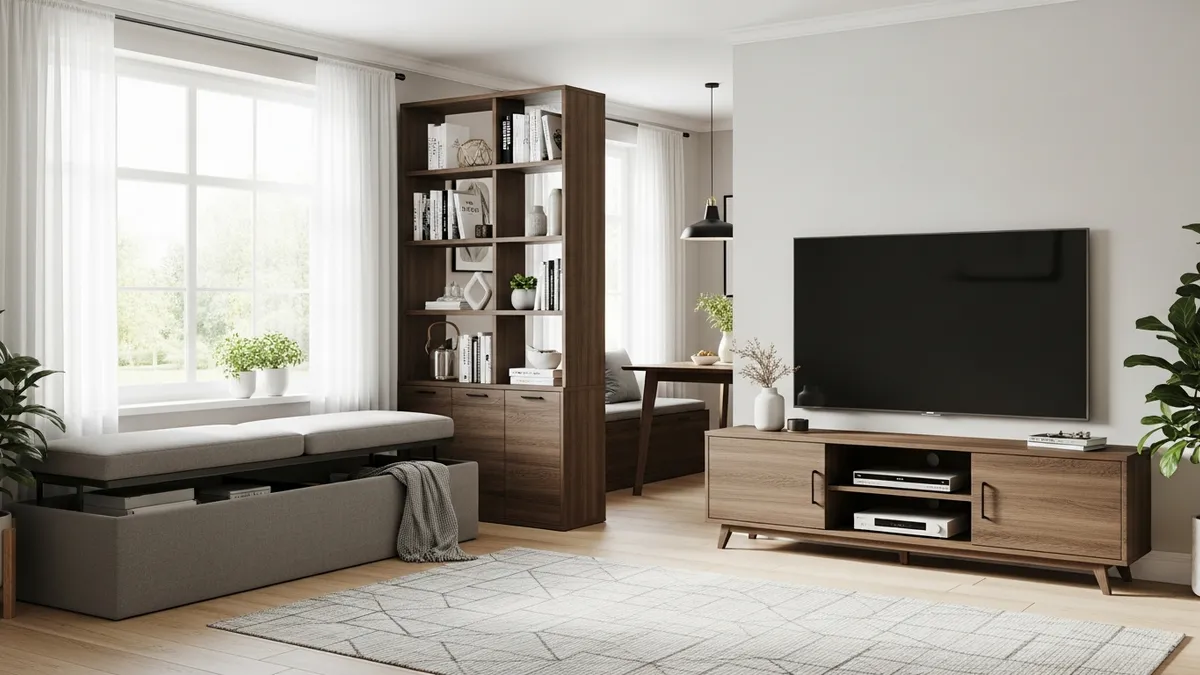 Multifunctional living room storage furniture including storage benches and TV stands