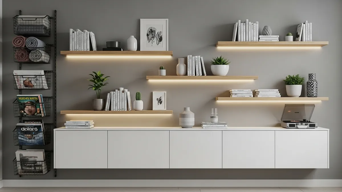 Creative living room wall storage ideas with floating shelves and vertical organization