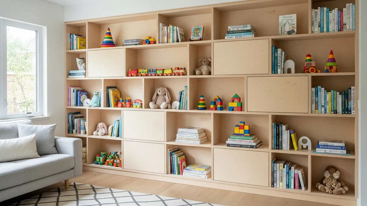 Built-in wall storage unit with organized toy display in modern living room